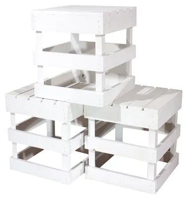 Produktbild von 1x HOLZSCHEMEL WEIß, eckiges Design / 42x42x45 cm / zum sitzen oder als Beistelltisch nutzbar