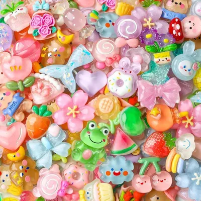 Produktbild von Set mit 50 gemischten Schleim-Charms, Harz-Flachrückenperlen Bastelset