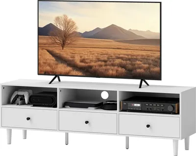 Image de Armoire TV Tableau TV avec tiroirs, 3 compartiments ouverts 140 cm de long TV Lowboard avec gestion des câbles pour téléviseur jusqu'à 75 pouces Table TV pour salon Blanc 140x34x45cm Aosom