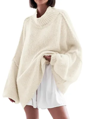 Zdjęcie produktu dla Sweter damski, oversizowy - Rękawy "nietoperz" - Wysoka szyjką - Dzianina strukturalna - Styl casual - Miękki i ciepły materiał - Sweter