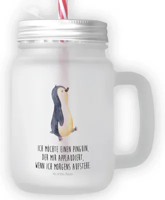 Produktbild von Mr. & Mrs. Panda Glas Pinguin marschieren - Transparent - Geschenk, Trinkglas mit Strohhalm, Unausgeschlafen, Aufstehen, dessertglas, Spazieren, deckel, Schwester