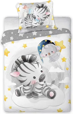 A baby bedding set with a zebra and koala illustration.