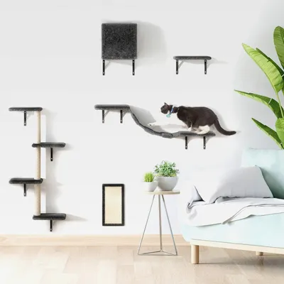 Produktbild von Katzen Kletterwand Set 5-teilig – Wandmontierte Katzenwand mit Katzenhaus, Katzenbrücke & Kratzbrett, Platzsparende Kletterwand Katzen für Wohnung, Grau