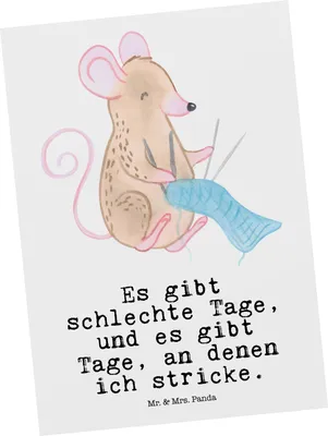 Produktbild von Mr. & Mrs. Panda Postkarte Maus Stricken - Weiß - Geschenk, einzelkarte, Postkarten, Grußkarte, DIY, Ansichtskarten, Ansichtskarte