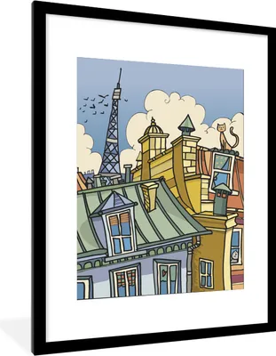 Produktbild von MuchoWow® Gerahmtes Poster Paris - Haus - Eiffelturm 60x80 cm - Poster mit Schwarzem Bilderrahmen Wandposter Rahmen Foto Bilder - Wohnzimmer - Dekorationen - Prämie
