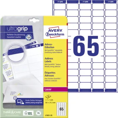 Produktbild von Avery Zweckform L7651-25 Adress-Etiketten, A4 mit ultragrip, 38,1 x 21,2 mm, 25 Bogen/1.625 Etiketten, weiß
