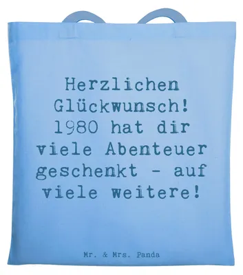 Produktbild von Mr. & Mrs. Panda Einkaufstasche Spruch 1980 Geburtstag Abenteuer - Sky Blue - Geschenk, Geburtstagsjahr, Geburtstagsgeschenk, Shopping Tasche, Alter, geboren, Lebensreise