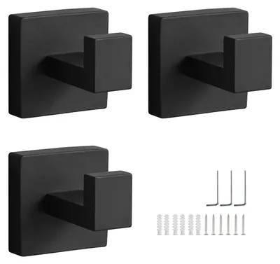 Produktbild von 3-teiliges Set mit bohrbaren Handtuchhaken, Wandhaken aus Edelstahl, schwarz, quadratische Handtuchhalterhaken, schwarze Badezimmerhaken, für Badezimmer, Küche, Schlafzimmer
