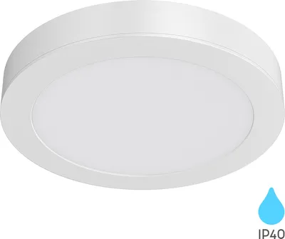 A white, round LED ceiling light is shown against a white background.