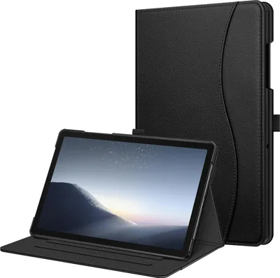 A black tablet case is shown with a tablet inside, propped up at an angle.