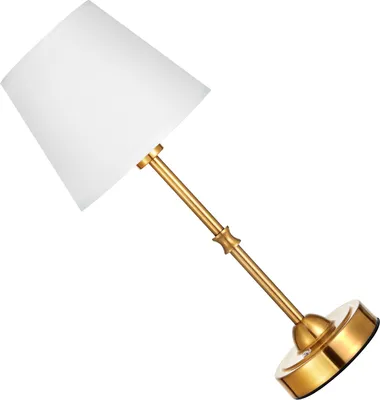 A single gold table lamp with a white fabric shade, shown at an angle against a white background.