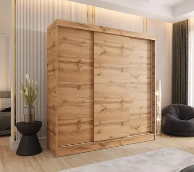 Produktbild von Schwebetürenschrank 3-türig 180x205x58 cm Eiche Wotan mit 2 schubladen – Moderner Kleiderschrank für Schlafzimmer und Flur