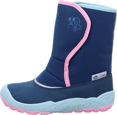 A single blue winter boot for children is shown against a white background.