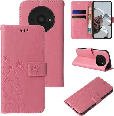 A collage of images showing a pink floral butterfly flip phone case for a Xiaomi Redmi A3.