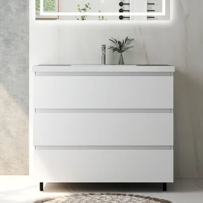 Produktbild von Badmöbel Set 100 cm Alast Weiß Waschbecken mit Unterschrank Hängeschrank mit Schrankfüße Softclose