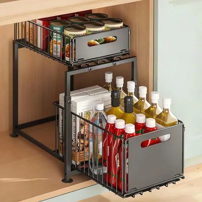 Obrázok produktu pre Organizér do kuchyne pod umývačku – dvojposchodový regál z ocele – výsuvná konštrukcia – s košíkmi – nastaviteľná veľkosť – pre kuchynskú skrinku