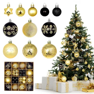 Weihnachtskugeln 44 Stück, Kunststoff, schwarz+gold, 6 cm & 3 cm