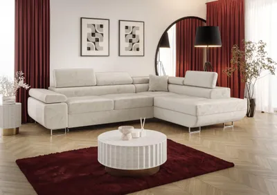 Productafbeelding van Eckbank, slaapbank, bank MONARO, bekleding: stof Monolith, kleur: beige, met ottomaan aan de rechterkant