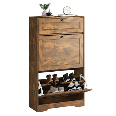 Zdjęcie produktu dla Szafka na buty BEALIFE, 58x24x102 cm, z 2 przegródkami otwierającymi się do góry i szufladą na górze | Zabezpieczenie przed przypadkowym otwarciem, regulowane półki | Do przedpokoju | Biały/Brązowy | FS58