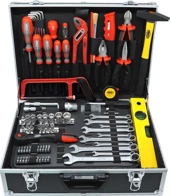 An open tool case filled with various tools.