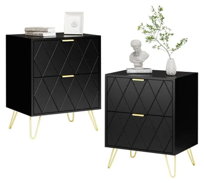 Produktbild von Nachttisch 2er Set, Nachtschrank mit Schubladen, Nachtkommode mit Metallfüßen, Beistelltisch für Wohnzimmer und Schlafzimmer, 40x30x52cm, Schwarz und Gold