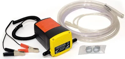 A 12V oil/diesel extraction pump with accessories, laid out on a white background.