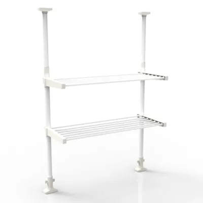 A white, two-tiered shelving unit with adjustable height poles, designed for kitchen use.