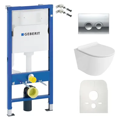 Produktbild von DOMINO Geberit Duofix Basic Vorwandelement + Wand-WC Tiefspül Sofi Slim Becken Weiß Spülrandlos + Bedienplatte Delta 25 für Doppelspülung |Komplettset