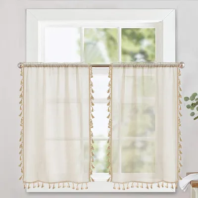 Immagine prodotto di Tende a pannello Boho Vintage semitrasparenti color crema con nappe, tende corte per cucina, soggiorno e camera da letto, 2 pezzi, LxA: 66x91 cm