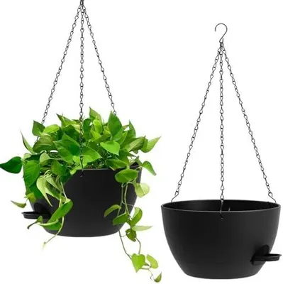Produktbild von 25cm Selbstbewässernde Hängende Blumenampel 2er-Set – Blumentopf Hängend Innen & Außen, Hängeblumentöpfe mit Drainage für Balkon, Wohnzimmer, Küche,Schwarz