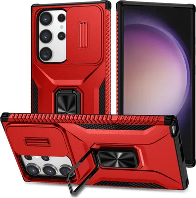 Produktbild von Handyhülle für Samsung Galaxy S23 Ultra Dual Layer Hülle mit Schiebe Kamera Schutz und Ringhalter Ständer Rot