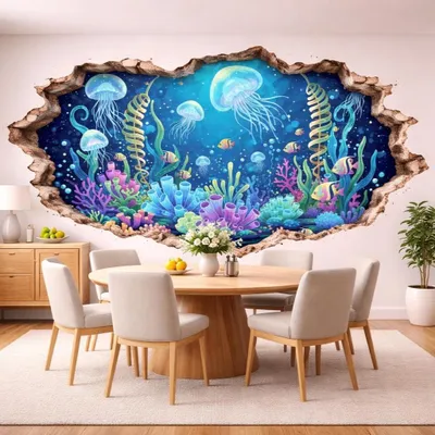 Unterwasserwelt mit Quallen und Korallenriff im 3D-Effekt – Decords Wandtattoo, Produktansicht 1