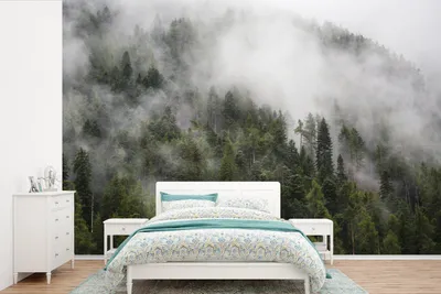 Produktbild von MuchoWow® Fototapete für Wohnzimmer oder Schlafzimmer Wandtapete Vinyl Motivtapete Wald - Nebel - Berg - 390x260 cm - Papiertapete