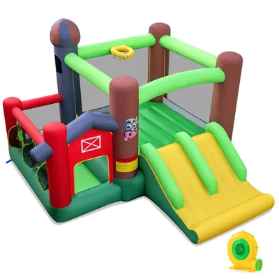 Produktbild von COSTWAY Hüpfburg mit Gebläse Rutsche Sprungbereich Basketballkorb Wurfspiel & Bällebad, Bouncy Castle für Kinder Innen- & Außenbereich 356x330x220cm