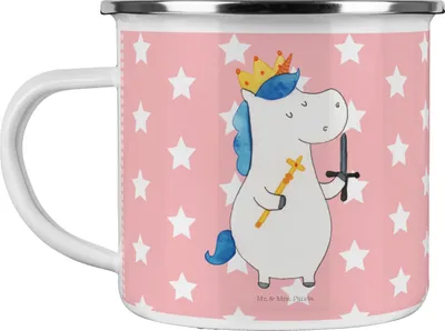 Produktbild von Mr. & Mrs. Panda Emailletasse Einhorn König mit Schwert - Rot Pastell - Geschenk, Ritter, Mittelalter, Motivtasse, Einhörner, Pott, Unicorn, Emaille Becher, Teetasse