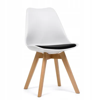 A white and black dining chair with wooden legs against a white background.