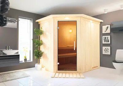 Produktbild von Elementsauna Karibu Petalit ohne Ofen mit Dachkranz und graphitfarbeneer Ganzglastüre