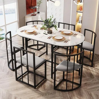 Image de Ensemble de salle à manger comprenant une table et 6 chaises, dimensions : 140 x 80 x 76 cm, couleurs : noir et blanc