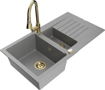 Produktbild von Mexen Matias 1,5-Becken-Granitspüle mit Abtropffläche und Mischbatterie Elia, Grau - 6502-71-670101-50