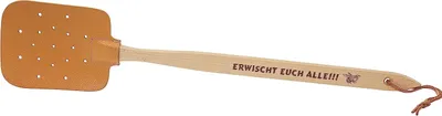 Produktbild von Neustanlo - Fliegenklatsche aus Holz und Leder - mit Spruch Erwischt euch alle!!! - extra stark - mit Holzstiel und Lederband - 47,5 cm
