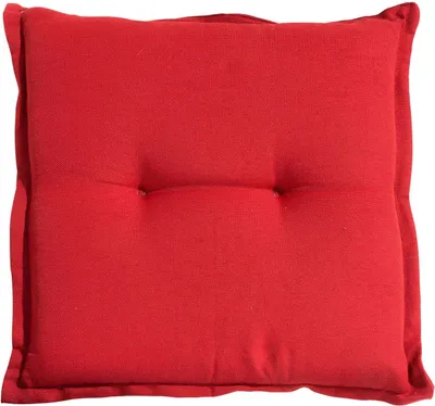 A red square cushion with tufted buttons in the center, shown from a top-down perspective on a white background.