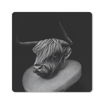 Produktbild von MuchoWow® Mauspad Mousepad Gemälde - Schottischer Highlander - Schwarz - Weiß 20x20 cm - Mousepads - Maus Mat - Pad - Mausunterlage - Desk Mat - Bureauartikeln