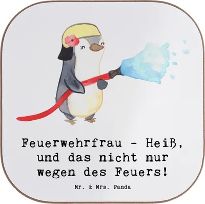 Produktbild von Mr. & Mrs. Panda Tischuntersetzer Feuerwehrfrau Heiß - Weiß - Geschenk, Hingabe, gläseruntersetzer, Getränkeuntersetzer, Geschenke für Berufstätige, Leidenschaft, Mut