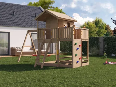 Produktbild von Fungoo Grün Braun Spielturm Stelzenhaus Moonlight, Kesseldruckimprägniert Kiefer Holz, Mit Doppelschaukel Kletterwand Sandkasten Picknicktisch, Spielhaus Mit Podest Leiter Sicherheitspaket Zubehör