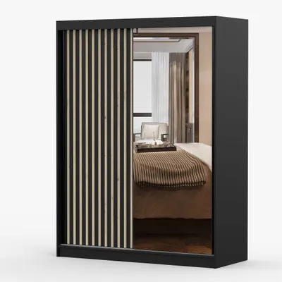 Image de Armoire à portes coulissantes Armoire 150cm noir/noir avec miroir et lamelles LAMI C