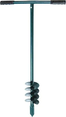 A green earth auger with black handles against a white background.