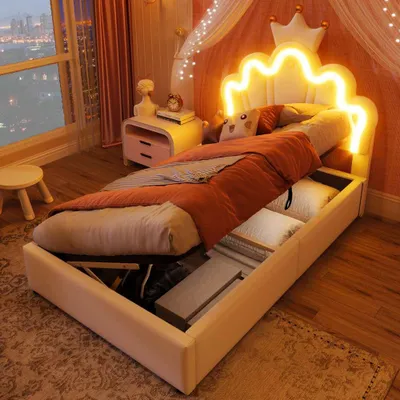 Image de Lit rembourré de princesse avec tête réglable et lumière LED, mécanisme de levage hydraulique, cuir PU, blanc, sans matelas, 90 x 200 cm