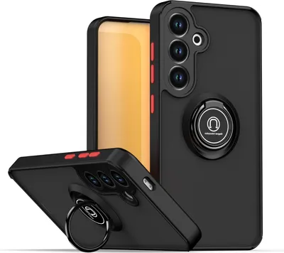 Immagine prodotto di Custodia per Samsung Galaxy S24/S25 traslucida opaca in TPU con supporto ad anello e supporto Nero Rosso