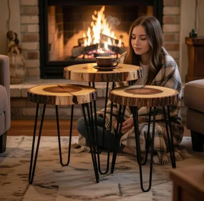 Image de Tables d'appoint en bois au style moderne, avec des pieds en métal noir