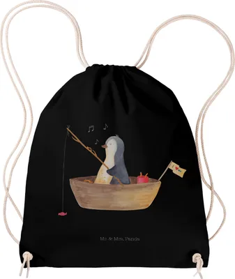 Produktbild von Mr. & Mrs. Panda Jutebeutel Pinguin Angelboot - Schwarz - Geschenk, Turnbeutel, Sportbeutel, Motivation, Optimistisch, Boot, Beutel, Lebenslust, wander rucksack, Angeln